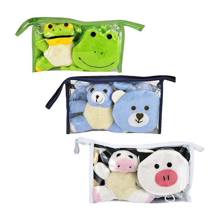 Cute cartoon exfoliating portable loofah bath sponge shower kids baby bath gift set