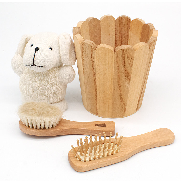 Soft wool bath brush wood hair brush cute cartoon puppy doll wood barrel bathroom bath gift sets for baby 