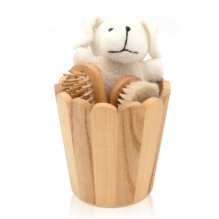 Soft wool bath brush wood hair brush cute cartoon puppy doll wood barrel bathroom bath gift sets for baby 