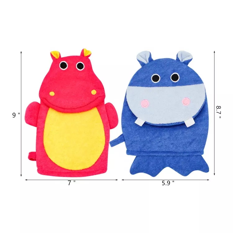 Soft terrry cloth cute cartoon hippo bath exfoliating gloves for kids body grooming 