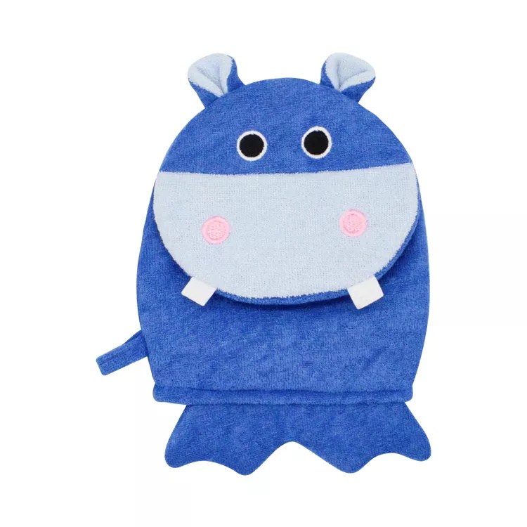 Soft terrry cloth cute cartoon hippo bath exfoliating gloves for kids body grooming 