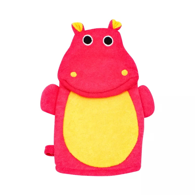 Soft terrry cloth cute cartoon hippo bath exfoliating gloves for kids body grooming 