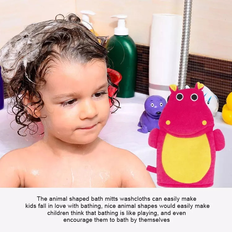 Soft terrry cloth cute cartoon hippo bath exfoliating gloves for kids body grooming 