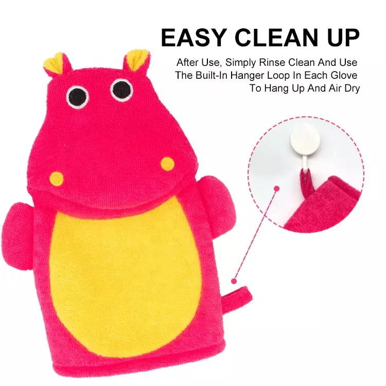 Soft terrry cloth cute cartoon hippo bath exfoliating gloves for kids body grooming 