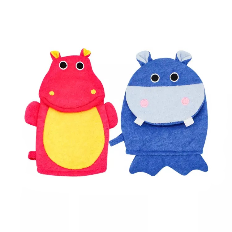 Soft terrry cloth cute cartoon hippo bath exfoliating gloves for kids body grooming 