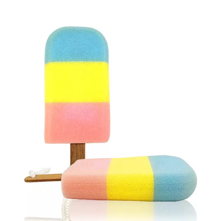Soft rich foam body cleaning exfoliating long handle cute ice cream shower bath sponge 