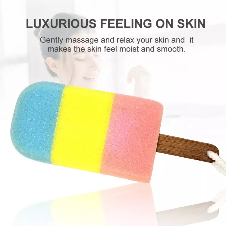 Soft rich foam body cleaning exfoliating long handle cute ice cream shower bath sponge 