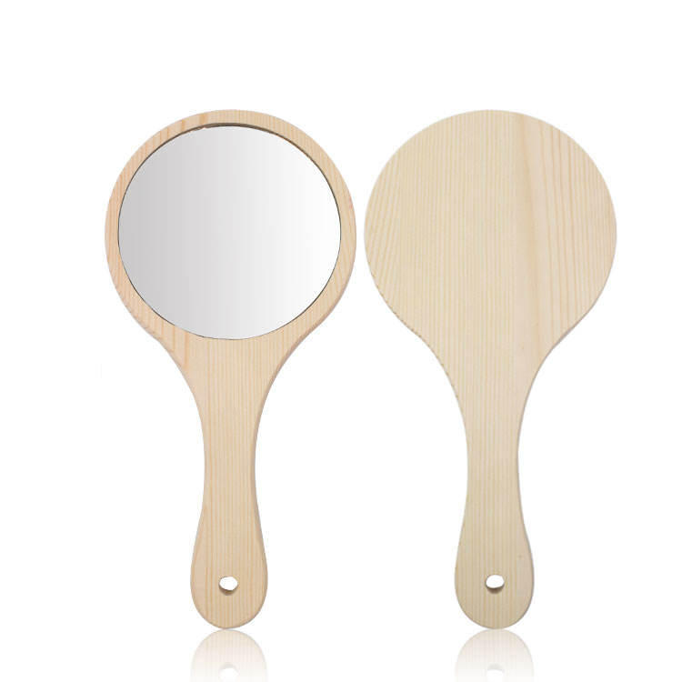 Custom LOGO Solid Wood Round Handheld Makeup Handle Mirror