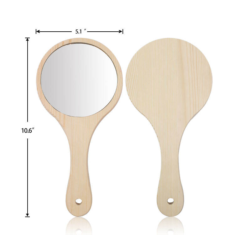 Custom LOGO Solid Wood Round Handheld Makeup Handle Mirror