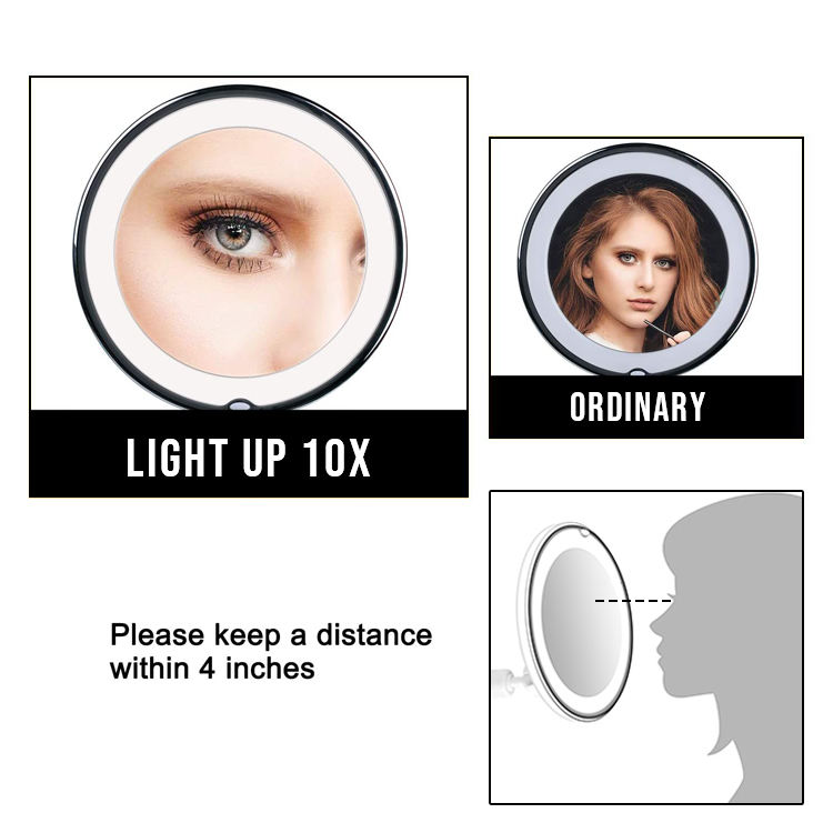 Round Bathroom Suction Cup Makeup Mirror with LED Light Hose Suction Cup