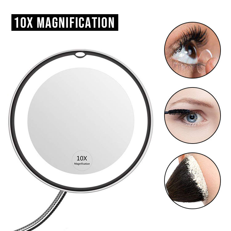 Round Bathroom Suction Cup Makeup Mirror with LED Light Hose Suction Cup