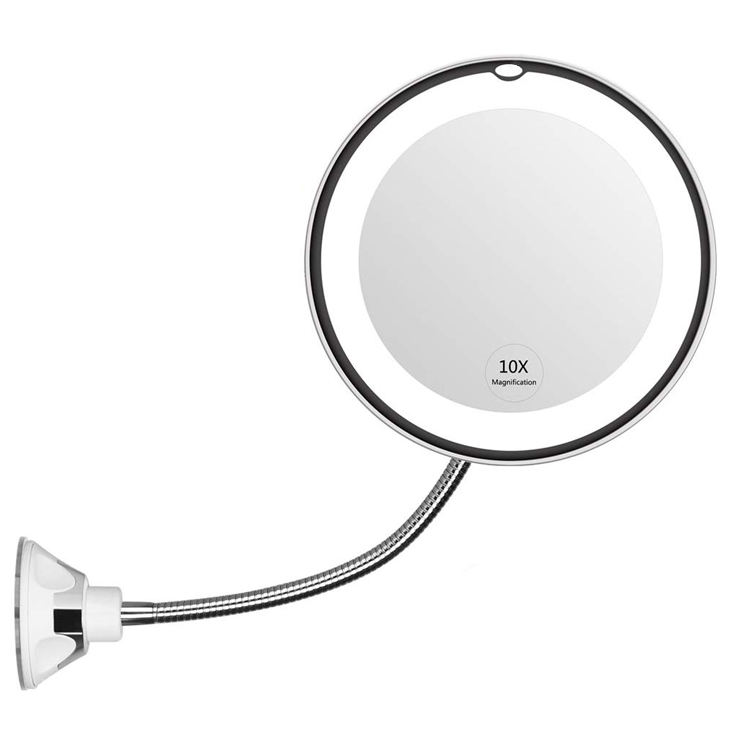 Round Bathroom Suction Cup Makeup Mirror with LED Light Hose Suction Cup
