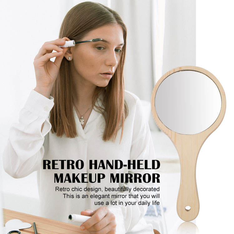Custom LOGO Solid Wood Round Handheld Makeup Handle Mirror