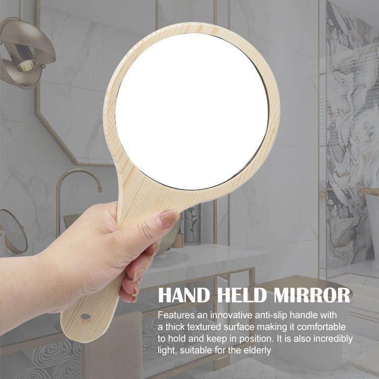 Custom LOGO Solid Wood Round Handheld Makeup Handle Mirror