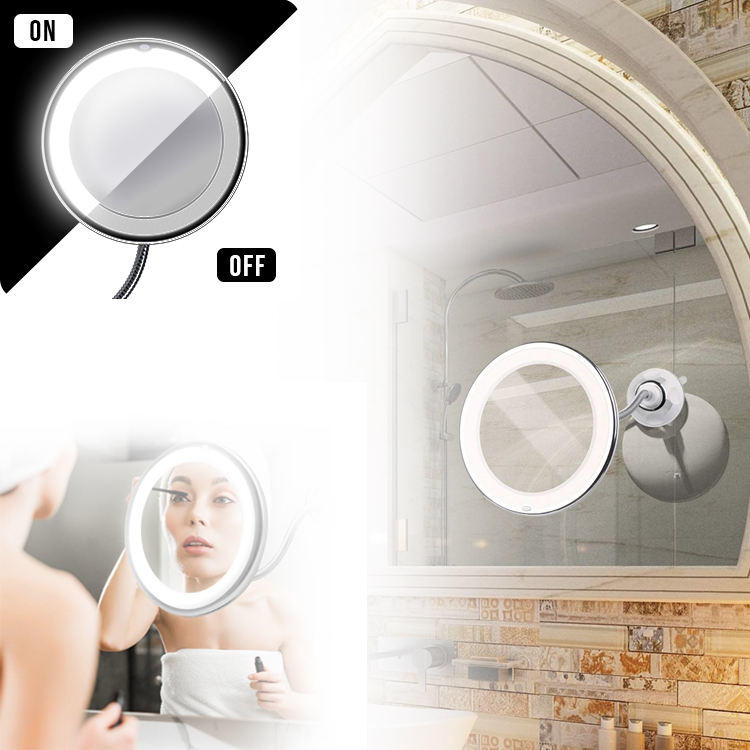 Round Bathroom Suction Cup Makeup Mirror with LED Light Hose Suction Cup