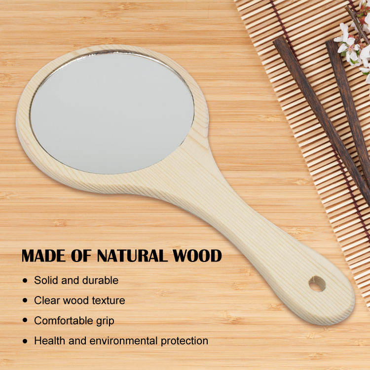 Custom LOGO Solid Wood Round Handheld Makeup Handle Mirror