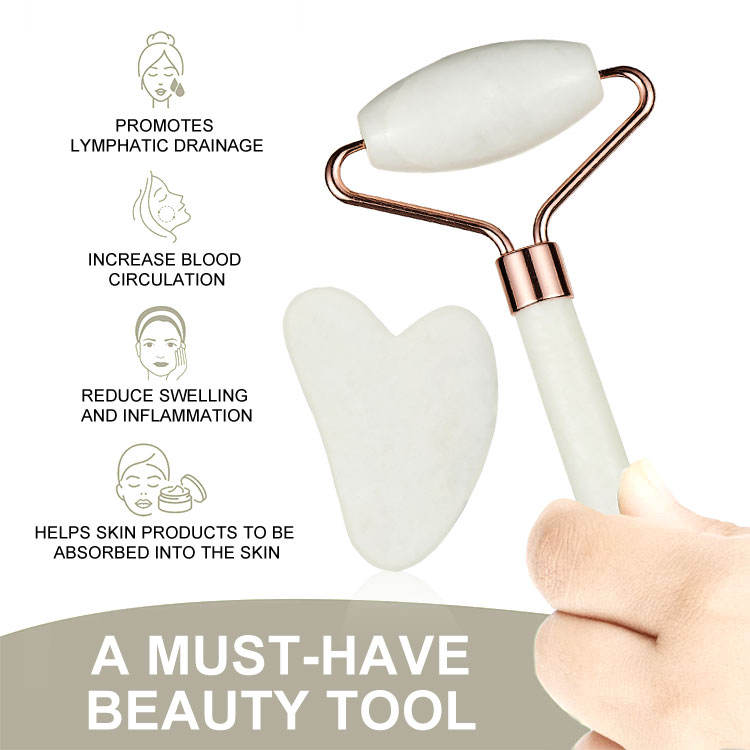 Frosted White Jade Stone Facial Roller And Guasha Pad Board Massage 2Pcs Set