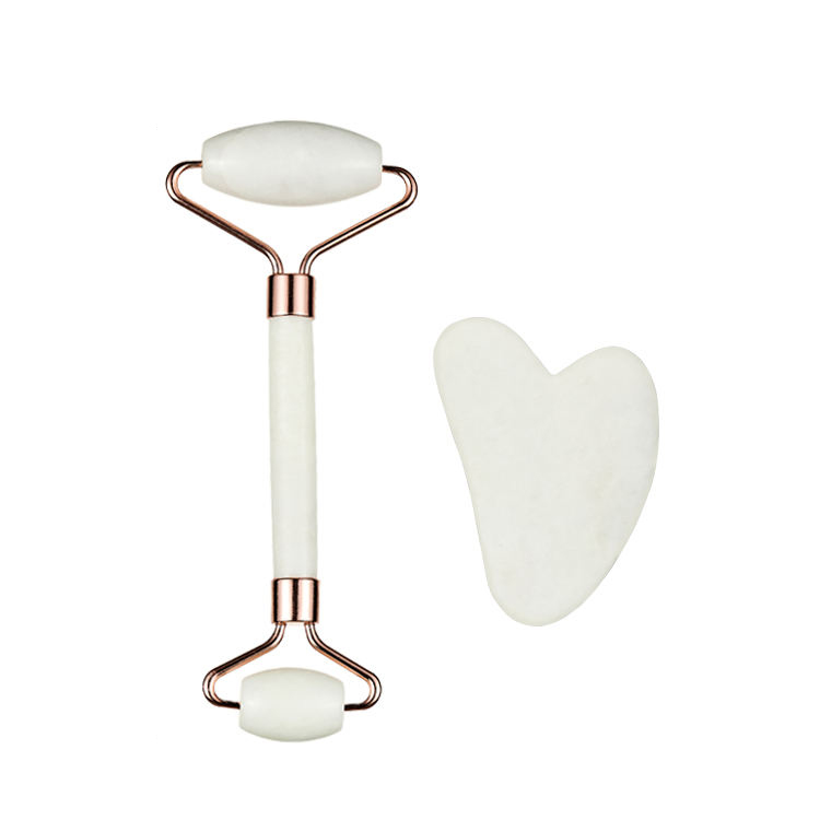 Frosted White Jade Stone Facial Roller And Guasha Pad Board Massage 2Pcs Set