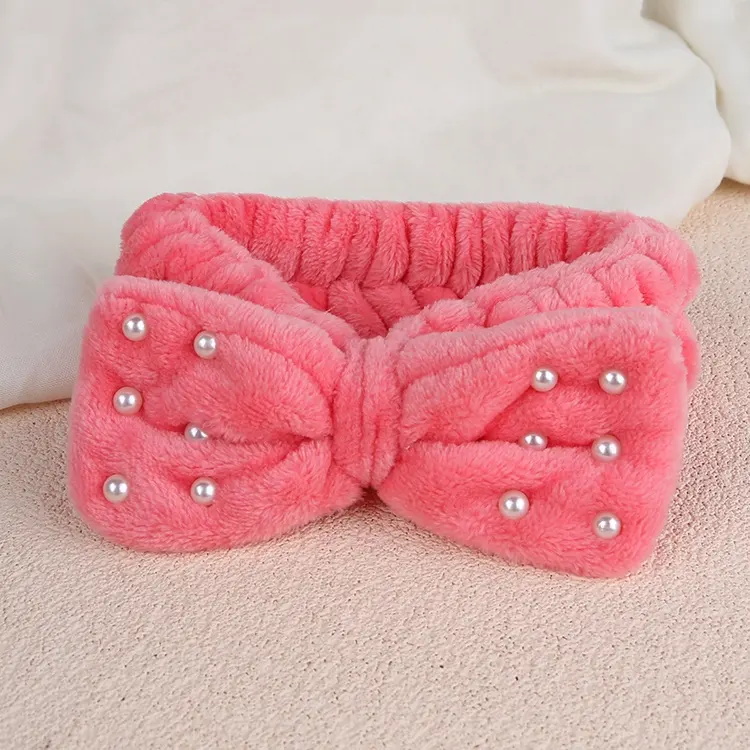 Plush Pearl Corset Headband Cute Bow Makeup Wash Headband
