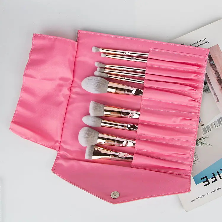 10pcs Pink Powder Eyeshadow Full Set Makeup Brush With Bag