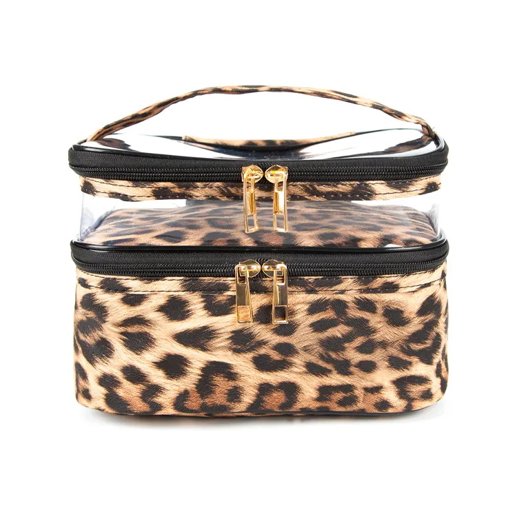Leopard Pvc Double Layer Large Capacity Handbag Portable Toiletry Bag
