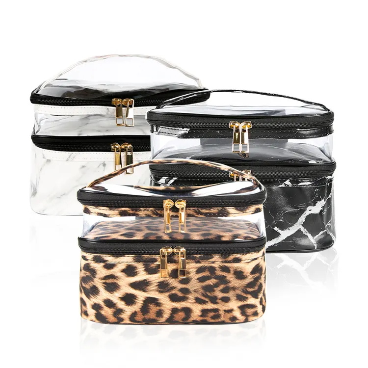 Leopard Pvc Double Layer Large Capacity Handbag Portable Toiletry Bag