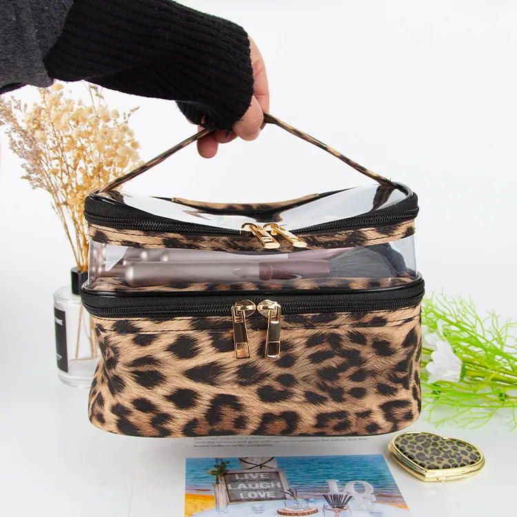 Leopard Pvc Double Layer Large Capacity Handbag Portable Toiletry Bag