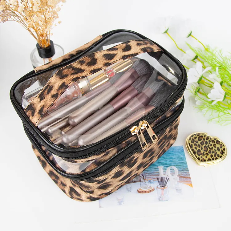 Leopard Pvc Double Layer Large Capacity Handbag Portable Toiletry Bag