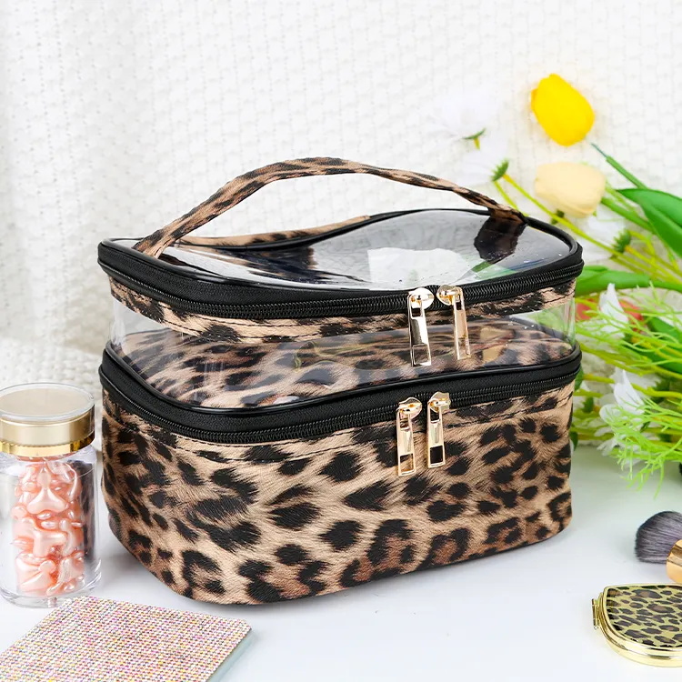 Leopard Pvc Double Layer Large Capacity Handbag Portable Toiletry Bag