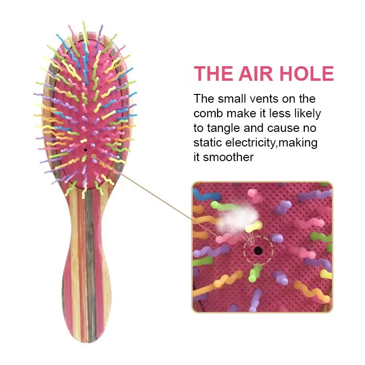 Rainbow Bamboo Detangling Hair Brush with Colorful Nylon Pins