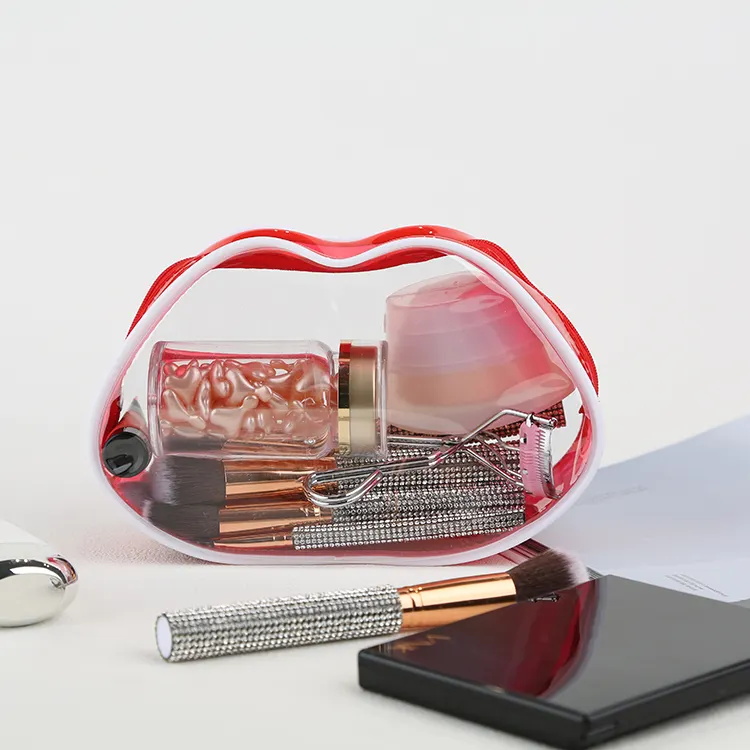 Red Lip Shaped Pvc Transparent Makeup Organizer Storage Bag