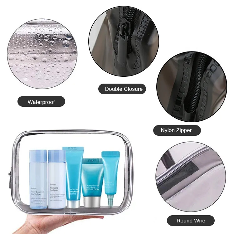 Clear PVC Plastic Zippered Pouches Portable Toiletry Bags