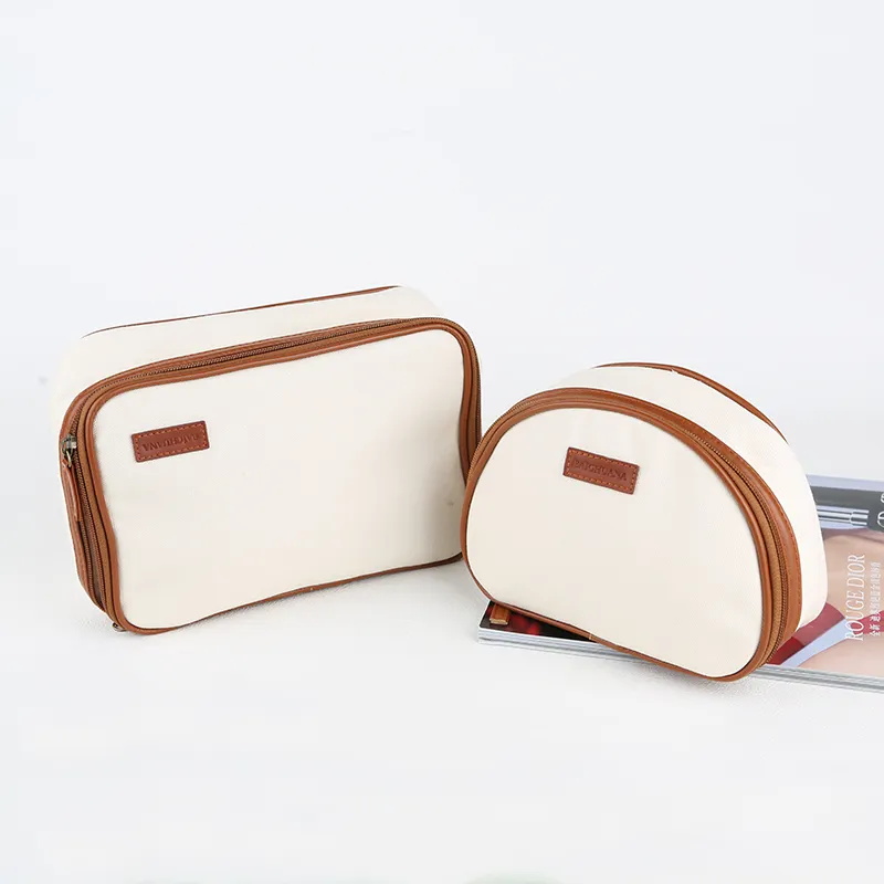 Portable Oblong Rectangle Canvas Cosmetics Bag With Zipper