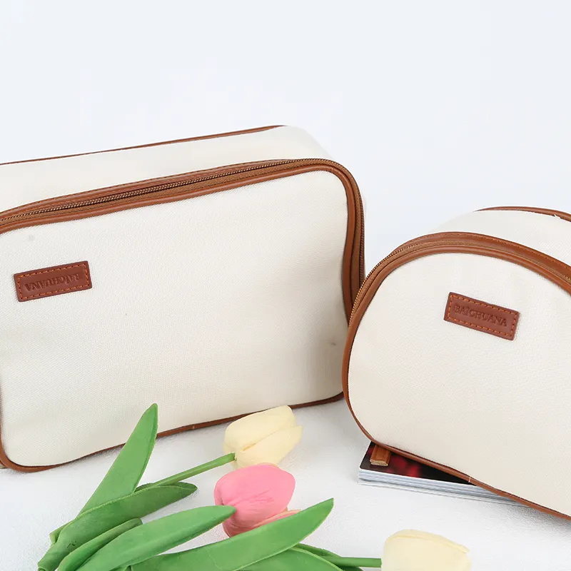 Portable Oblong Rectangle Canvas Cosmetics Bag With Zipper