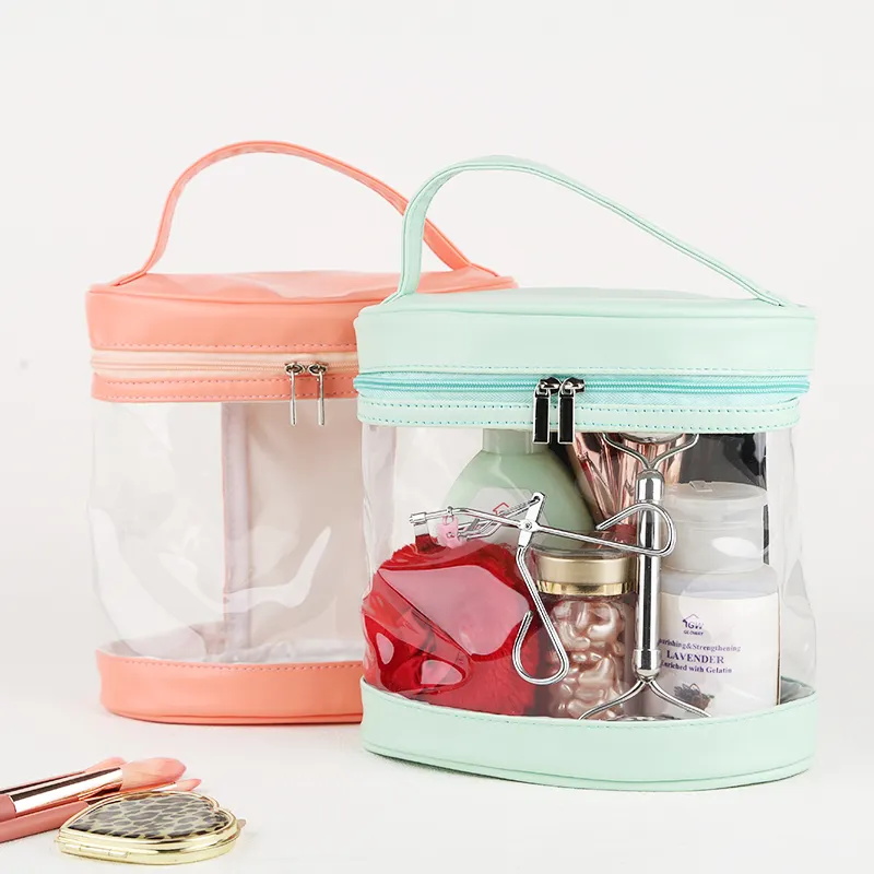 Pink Blue Pvc Clear Beauty Case Bag With Handle