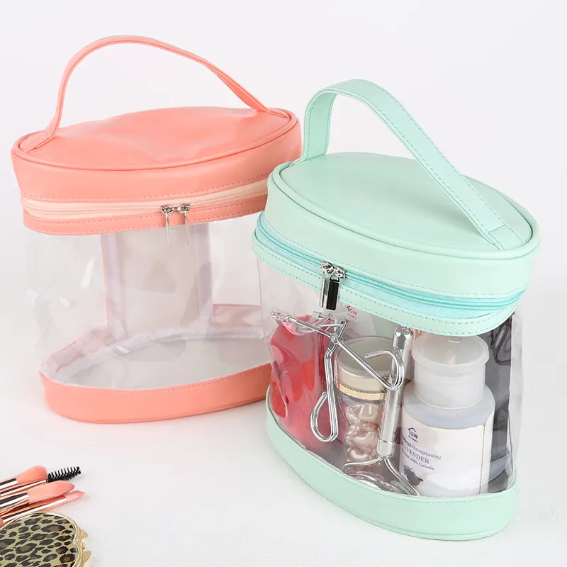 Pink Blue Pvc Clear Beauty Case Bag With Handle