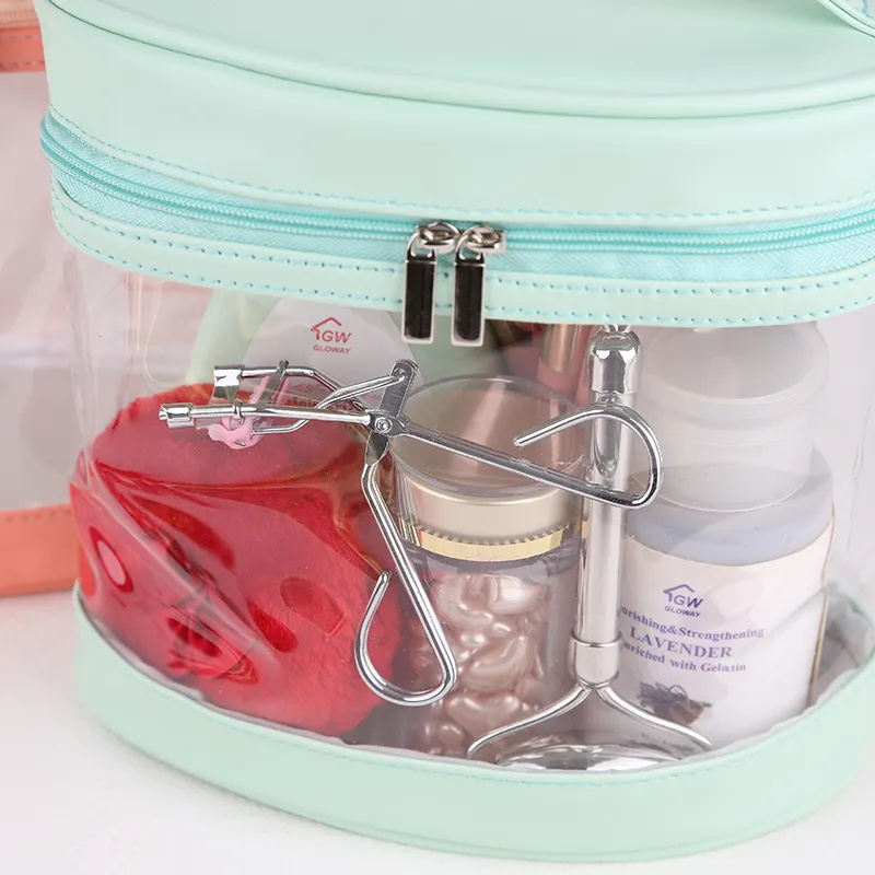 Pink Blue Pvc Clear Beauty Case Bag With Handle